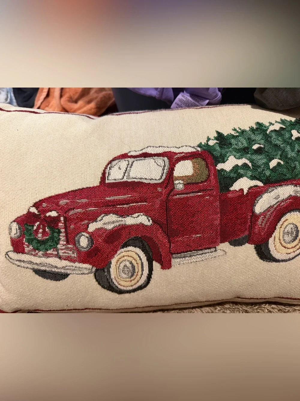 Mud Pie Red Vintage Truck with Green Christmas Tree Holiday Pillow - Picture 2 of 3